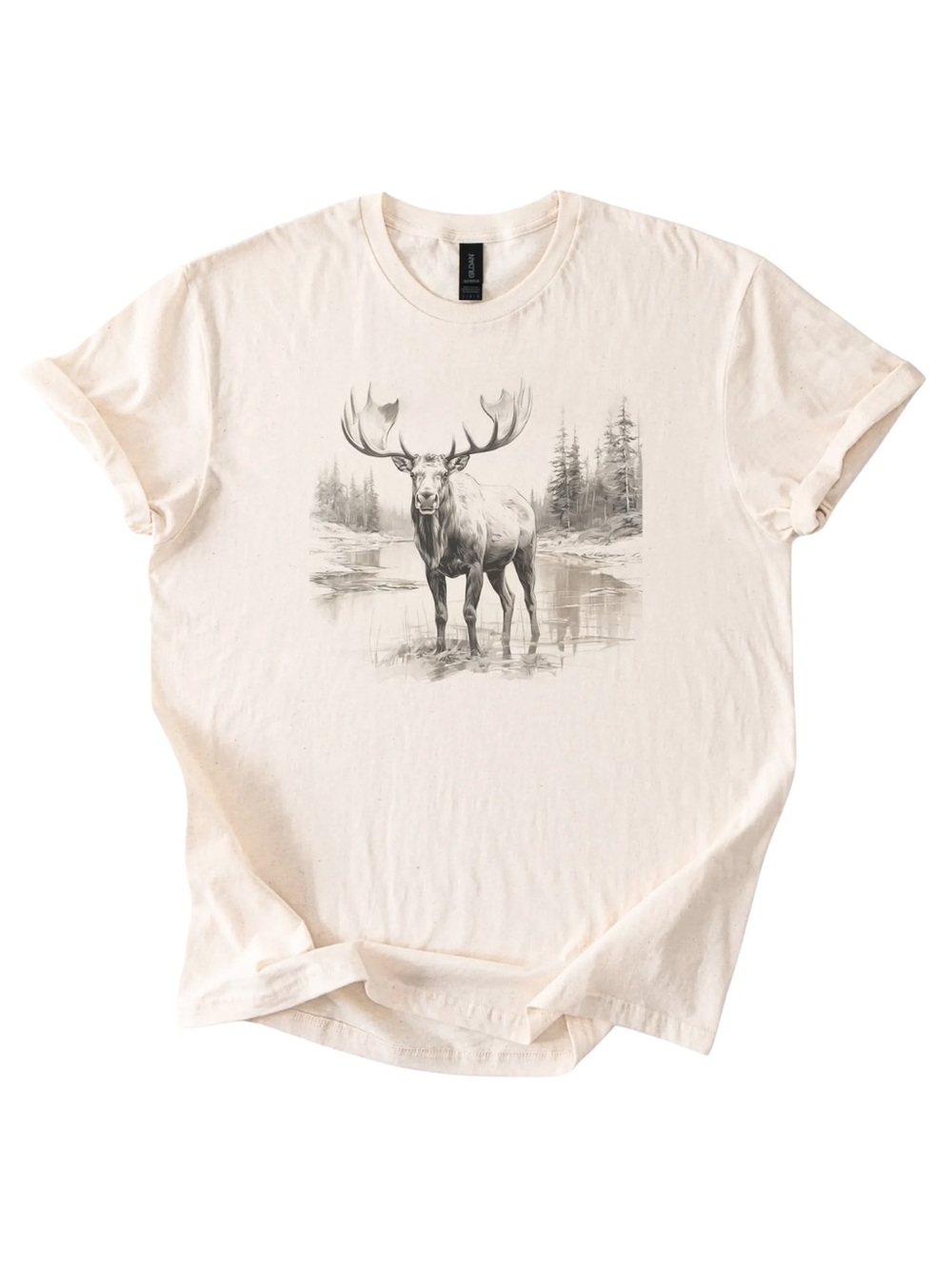 Gildan Cream Graphic T-Shirt with Moose Illustration